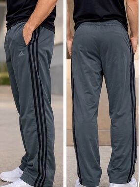 Adidas Men’s Large 3 Stripe Track Pants Gray Black Straight Leg Athletic